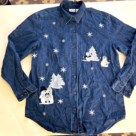Cabin Creek Tops - Embroidered Holiday Denim Shirt